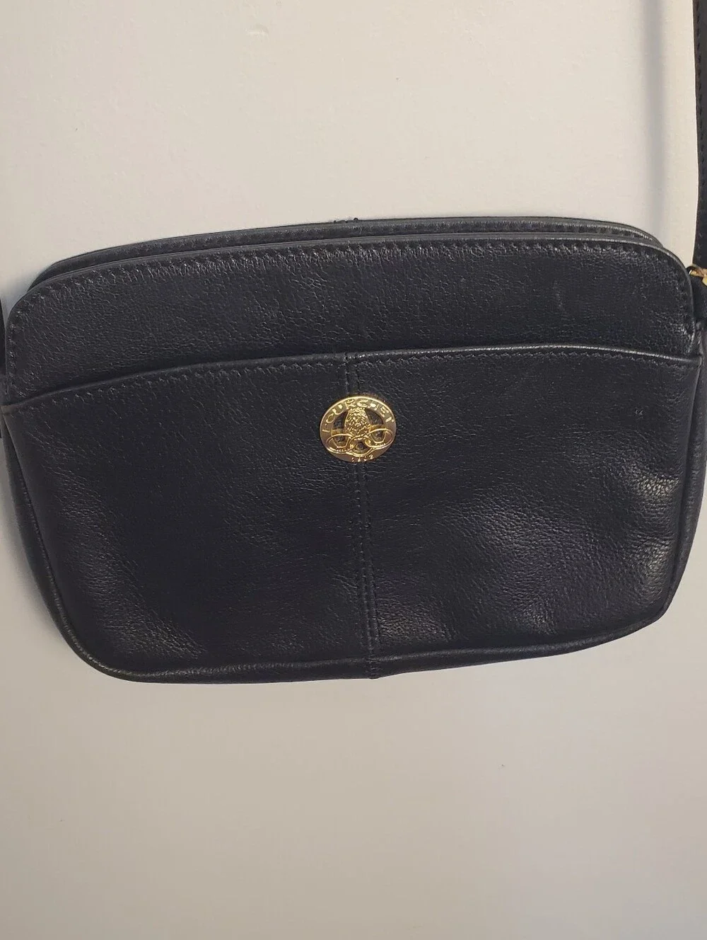 Vintage Pourchet Paris Black Leather Crossbody Bag Gold Crest Made In France